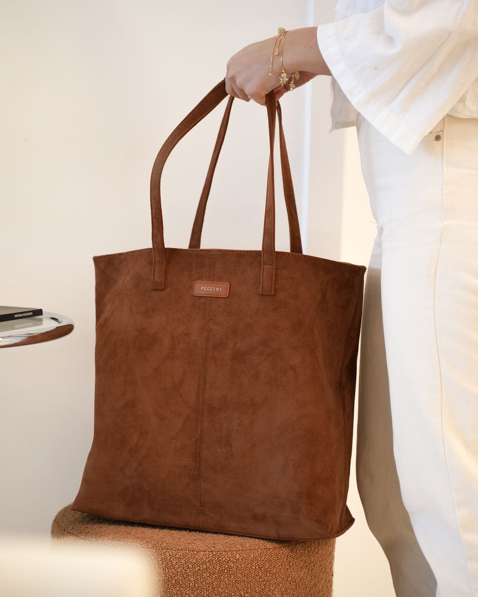 Geantă shopper pentru femei mare din piele de căprioară ecologică maro deschis