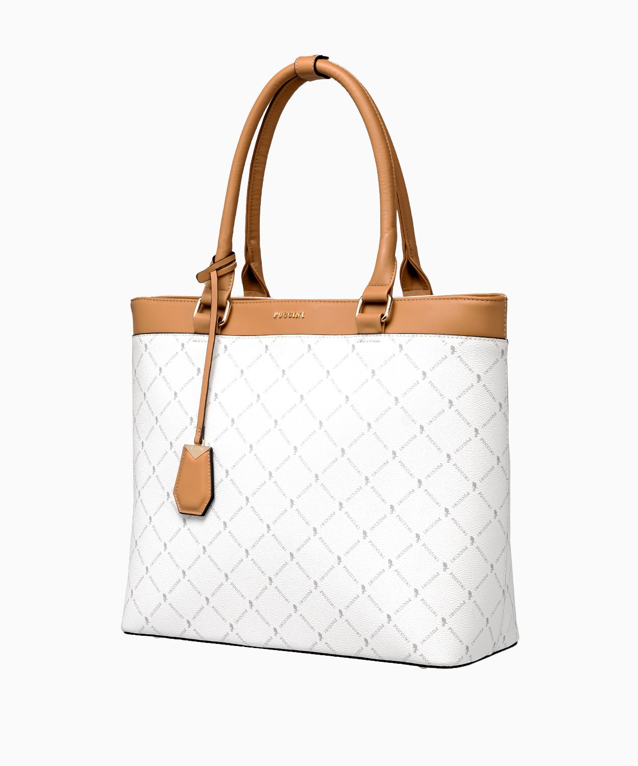 Geantă de damă shopper elegantă cu logo și breloc - albă