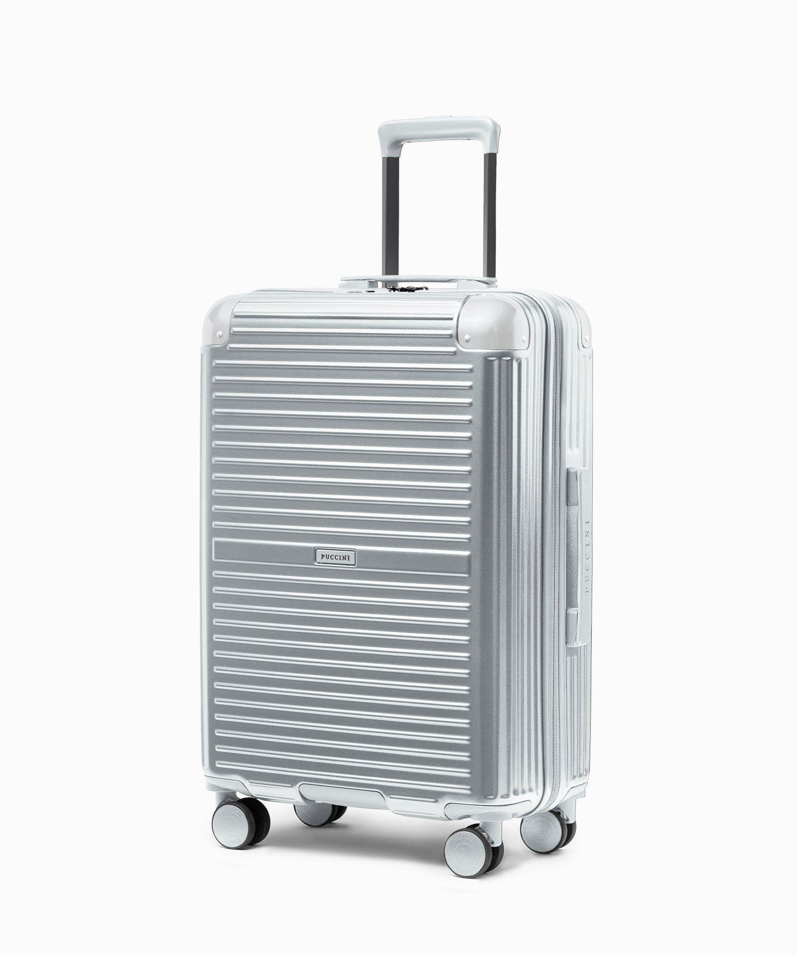 Valiză medie pe roți cu colțuri din aluminiu argintiu