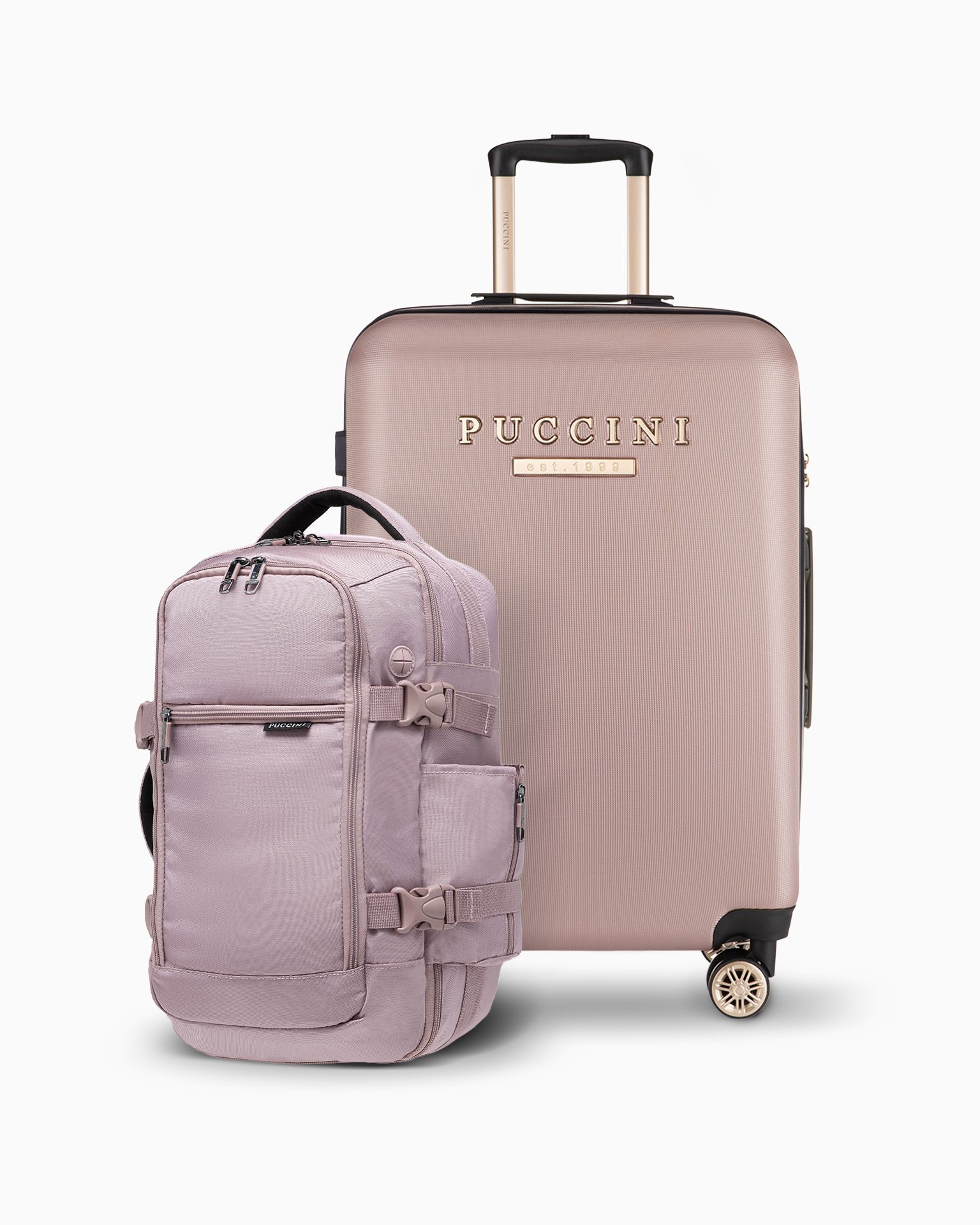 Set valiză medie + rucsac pentru avion roz