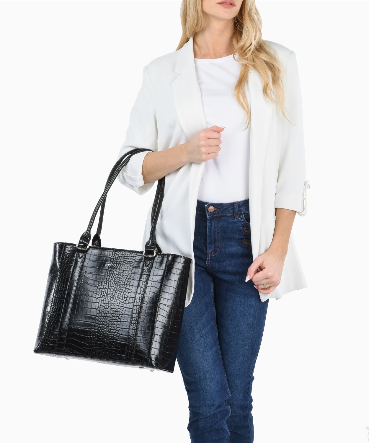 Geantă shopper din piele ecologică lăcuită tip crocco