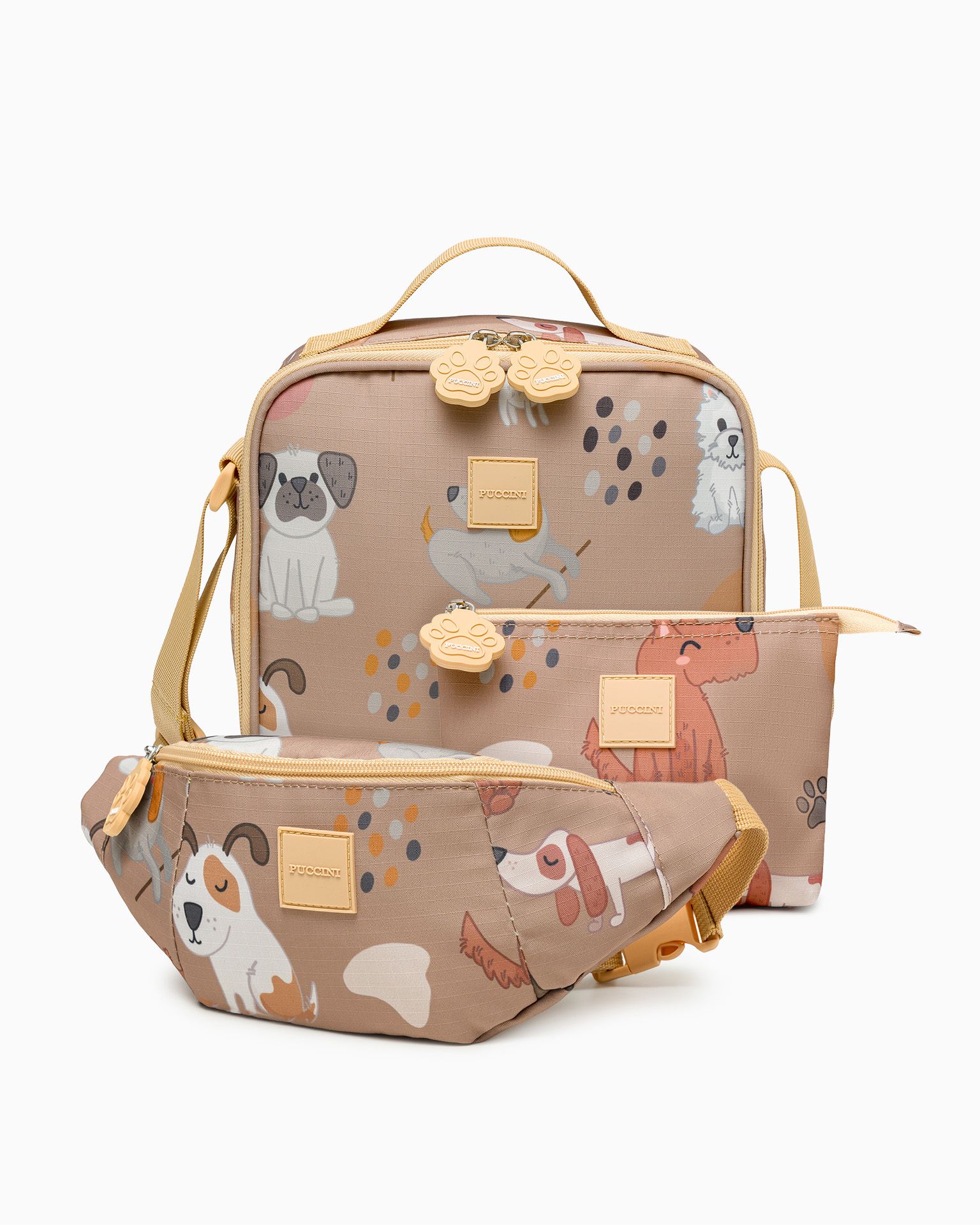 Set de rucsac pentru prânz + neceser + borsetă pentru copii maro cu câini
